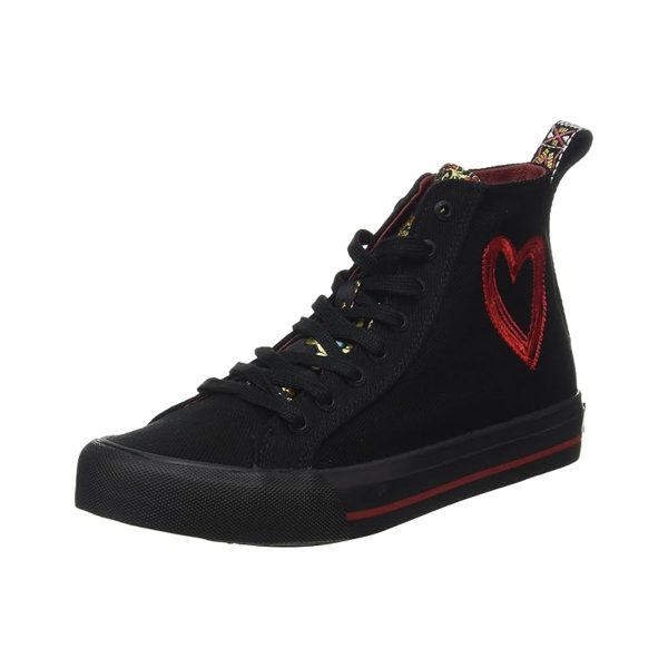 Desigual Beta Militar – Sneakers damă casual, negri, cu model camuflaj și inimă roșie- Marime 36