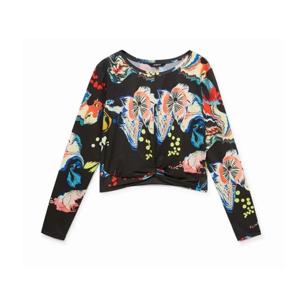 Bluza Desigual Uma – Negru, Imprimeu Floral, Crop, Maneci Lungi