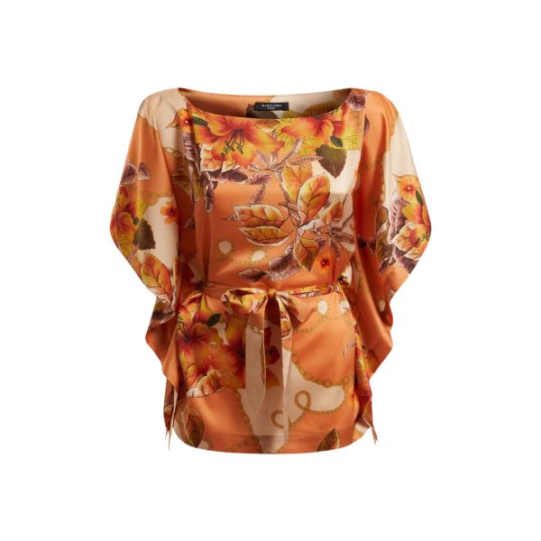 Top Marciano All Over Print, Satin, Culoare Orange – Guler Crew, Fără Mâneci, Cu Centură