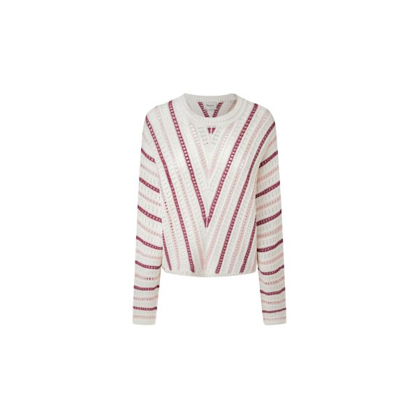 Pepe Jeans Ginny - Jumper Mousse White pentru Femei, cu Dungi, Guler Rotund - Confort și Stil
