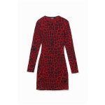 Rochie Lio Desigual – Roșu/Negru, Imprimeu Animal Print, Croială Cambrată, Mâneci Lungi