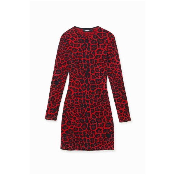 Rochie Lio Desigual – Roșu/Negru, Imprimeu Animal Print, Croială Cambrată, Mâneci Lungi