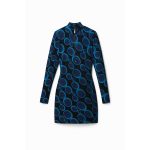Rochie Mery Desigual – Albastră, Imprimeu Cercuri, Croială Cambrată, Mâneci Lungi