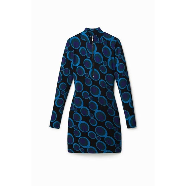 Rochie Mery Desigual – Albastră, Imprimeu Cercuri, Croială Cambrată, Mâneci Lungi