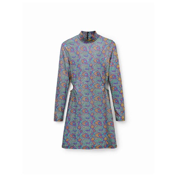Rochie Scurtă Desigual, Mix Culori – Mâneci Lungi, Fermoar Pe Spate