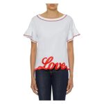 T-shirt Donna Love Moschino con Maniche Ruche e Logo in Raso - imagine 2
