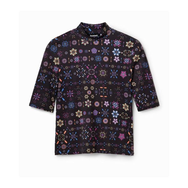 Tricou Fitted cu Guler Perkins și Imprimeu Mozaic – Slim Fit, Mâneci Scurte