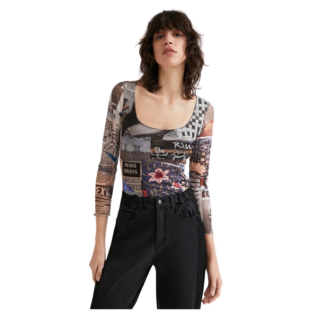 Tulle Newspaper bodysuit_1 Bodysuit Tulle cu Imprimeu Digital Ziar – Croială Slim, Mâneci Lungi - imagine 1
