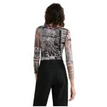 Bodysuit Tulle cu Imprimeu Digital Ziar – Croială Slim, Mâneci Lungi - imagine 2