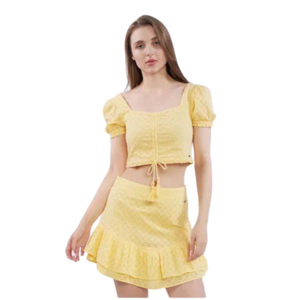 Top damă Pepe Jeans galben crop cu mâneci bufante – mărime S