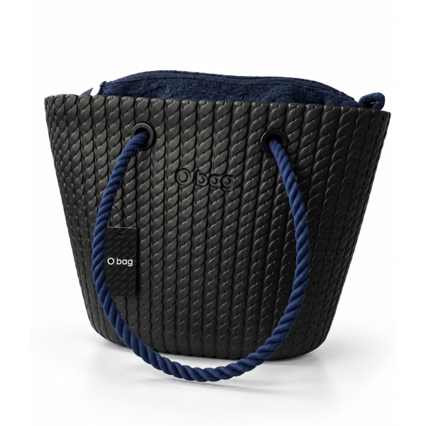 O bag Geantă damă neagră cu mânere tip șnur bleumarin