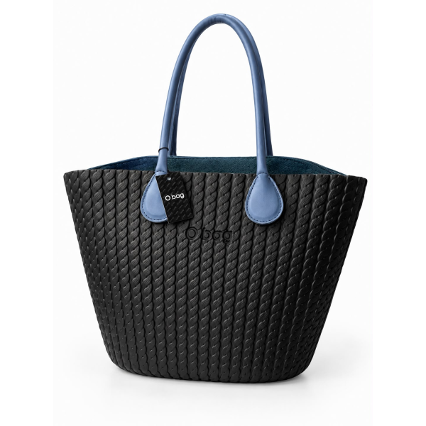 O bag Geantă neagră cu mânere bleu și textură împletită